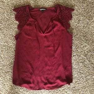 Express Lace Short Sleeve Tie Red Oxblood Blouse